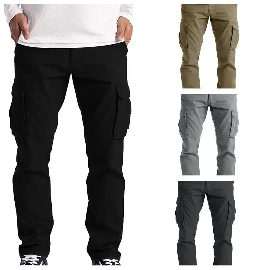 

Four Seasons New Fashion Men's Plus Size Solid Color Cargo Pants American Style Drawstring Multi Pocket Casual Trousers Trendy