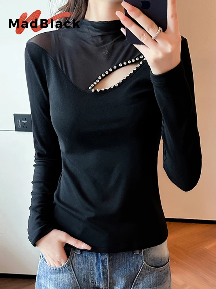 

MadBlack-Women' European T-Shirt, Sexy Mock Neck Hollow-out Beading, Streetwear Long Sleeve Slim S-3XL Tee, 2025 Autumn T5O735CC
