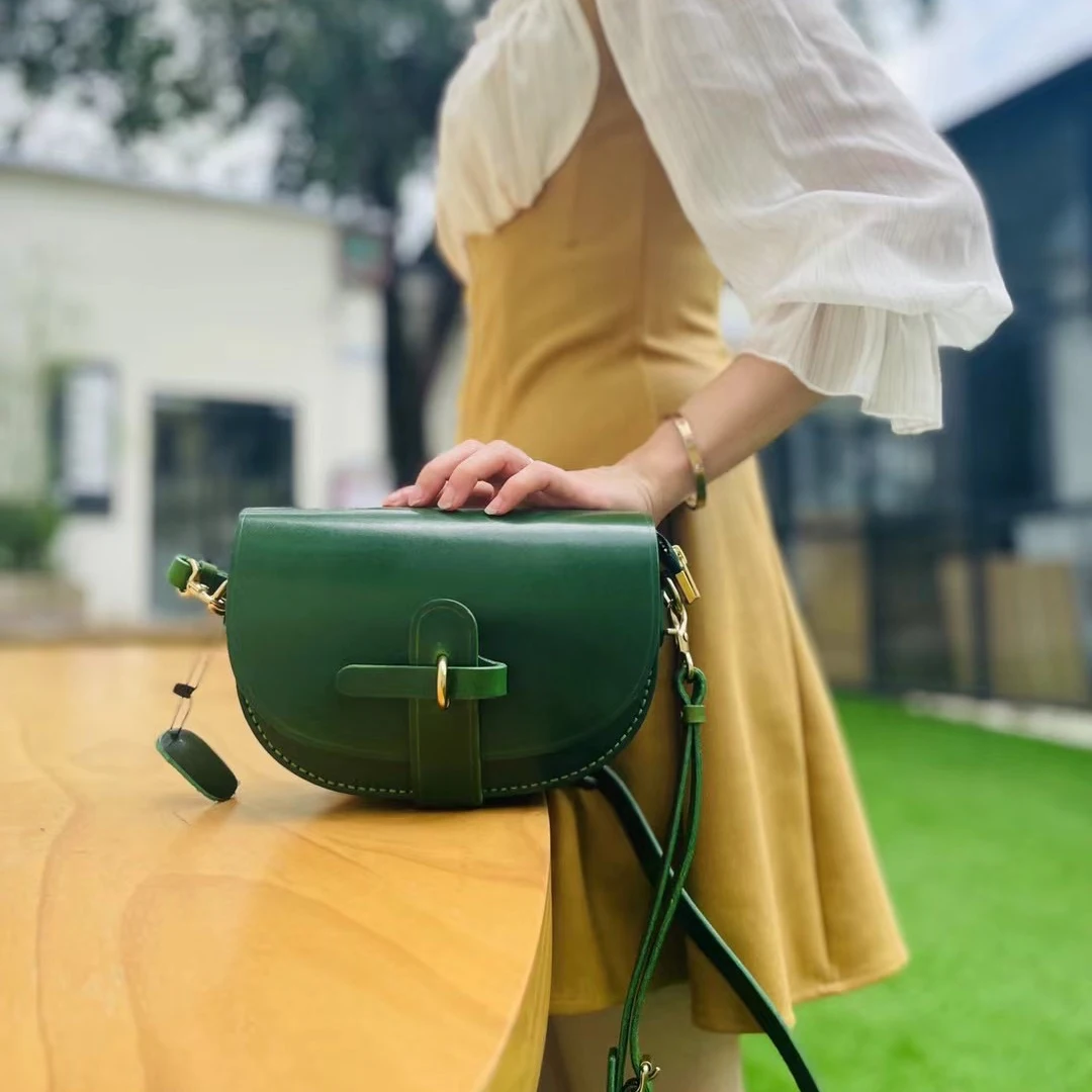 Genuine Leather Crossbody Bag Vintage Handmade Small Bag Women's Vegetable Tanning Top Layer Cowhide Texturized Saddle Bag