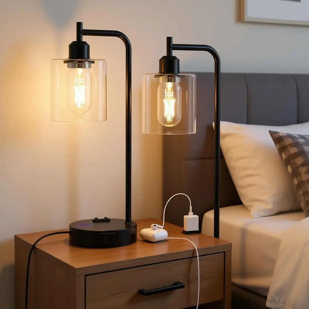 

Touch Table Lamps, 2-3 Way Dimmable Nightstand Lamps with USB C+A Ports, Black Bedside Lamps with Glass Shade, Living Room, Desk