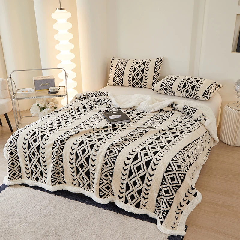 Winter Jacquard Fleece Blanket Double Sided Thickened Warm Artificial Lambswool Sofa Throw Blanket Bohemian Bed Cover 150*200
