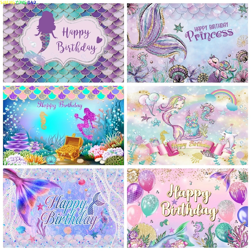 

Mermaid Backdrop Birthday Girl Princess Under The Sea Scale Shell Tail Newborn Baby Shower Birthday Party Photography Background