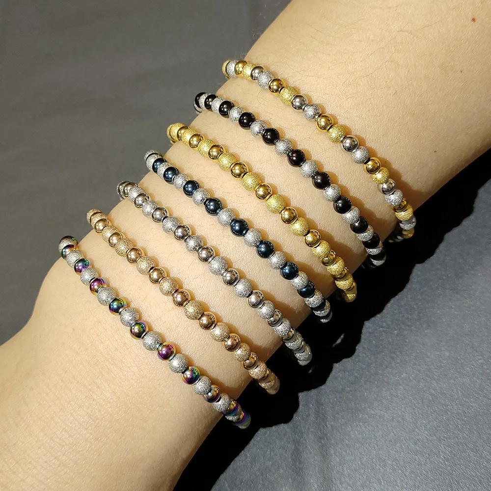 Waterproof Non Tarnish Little Tiny 18K Gold Plated Stainless Steel Shiny and Matte Round Alternating Beads Beaded Bracelet