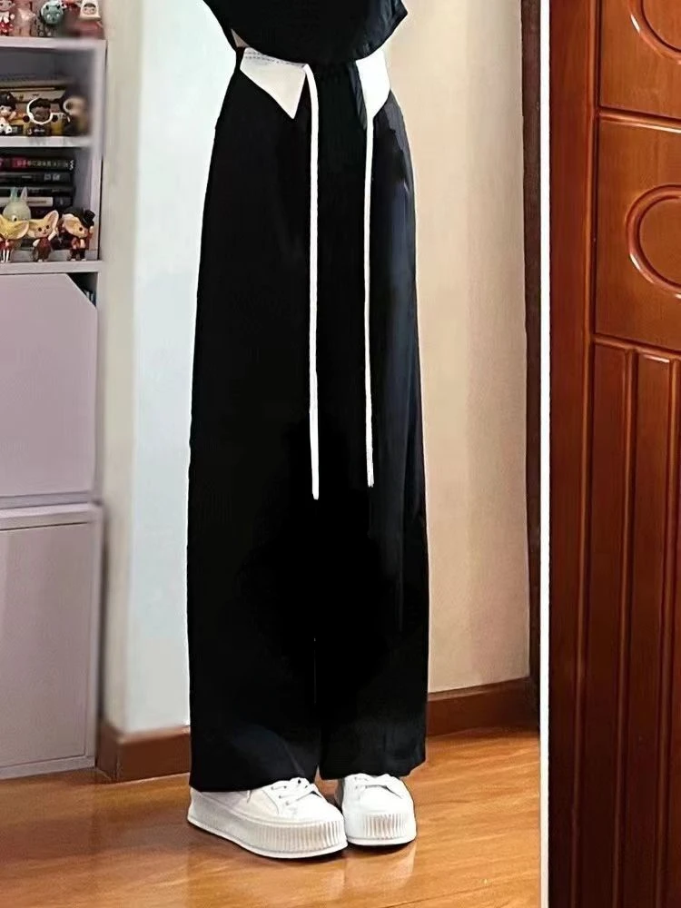 

Черно-белые Лоскутные повседневные брюки, женская уличная одежда в американском стиле, винтажные прямые шикарные спортивные модные с высокой талией, новинка на весну