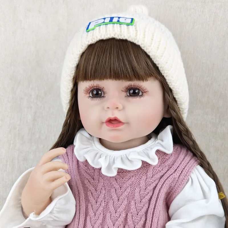 22Inch Pink Sweater Girl Reborn Doll Soft Silicone Viny Simulation Baby Doll Dress Up Game Toys Toddler Princess Christmas Gift