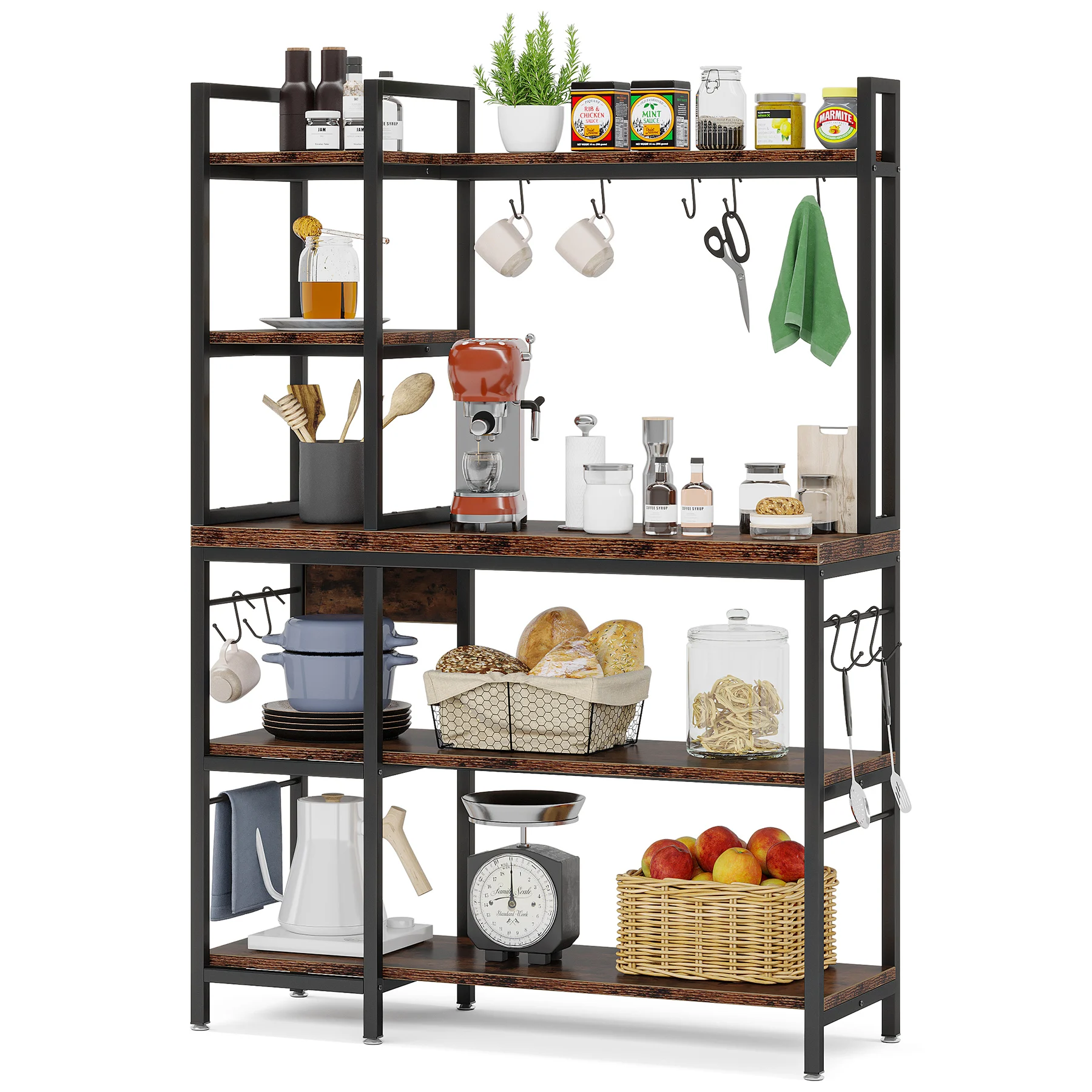 Tribesigns Kitchen Bakers Rack with Storage, 43 inch Microwave Stand 5-Tier Kitchen Utility Storage Shelf Rack with 10 Hooks