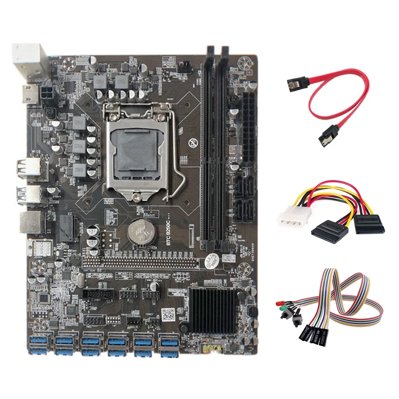 Top-B250C Miner Motherboard+Dual Switch Cable With Light+4PIN To SATA Cable+SATA Cable 12 PCIE To USB3.0 Graphics Card Slot