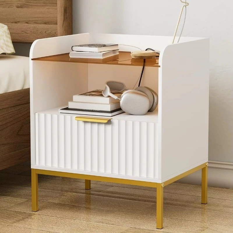 

Modern wooden bedside table, bedside table with charging port and white sofa side table, with bedroom or living room drawers