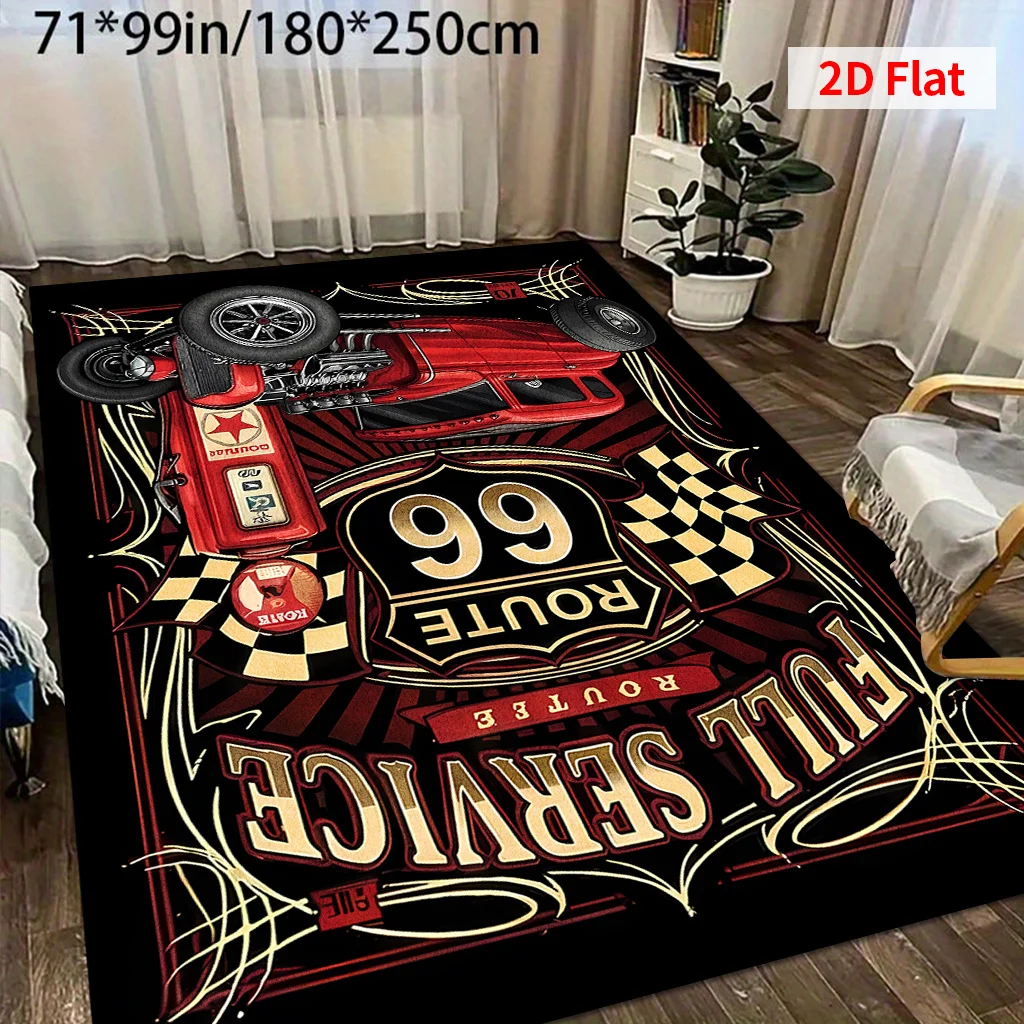 VIKAMA Retro Hot Rod Car Floor Rug,Anti‑Slip Mat,Antique Route 66 Racing Vehicle Checker Flag Print Carpet for Indoor Home Decor