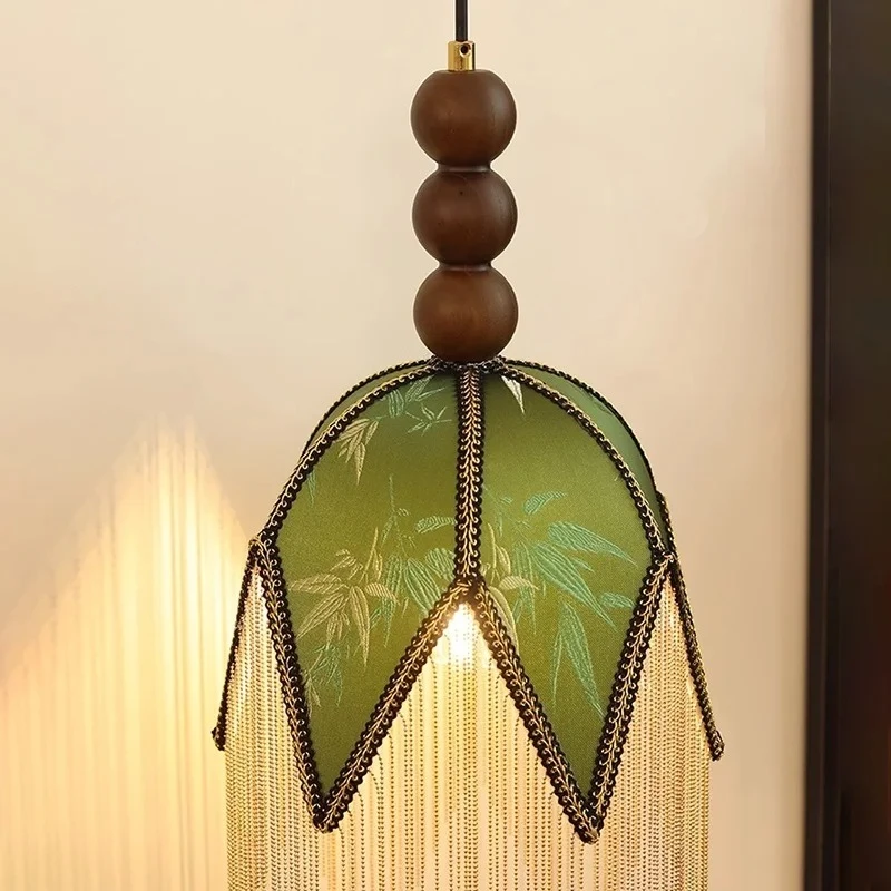 French Style Retro Green Curtain Wood Wall Lamp Bedside Bedroom Study Hotel Balcony Indoor Luxury Decoration Project Lighting