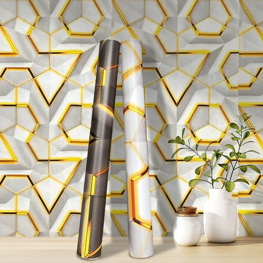 Self-Adhesive 3D Geometric Wallpaper Gold Lines Marble Texture Waterproof PVC Wall Sticker for Living Room Bedroom Home Decor