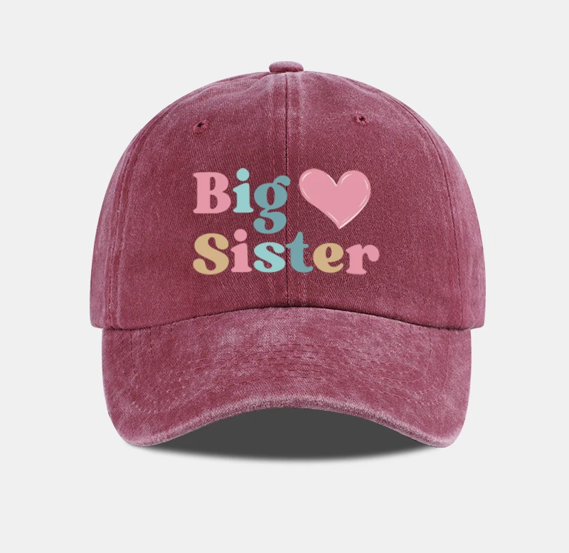 Big Sister Heart Print Vintage Washed Baseball Cap – Adjustable Size, Everyday Casual and Versatile Dad Cap