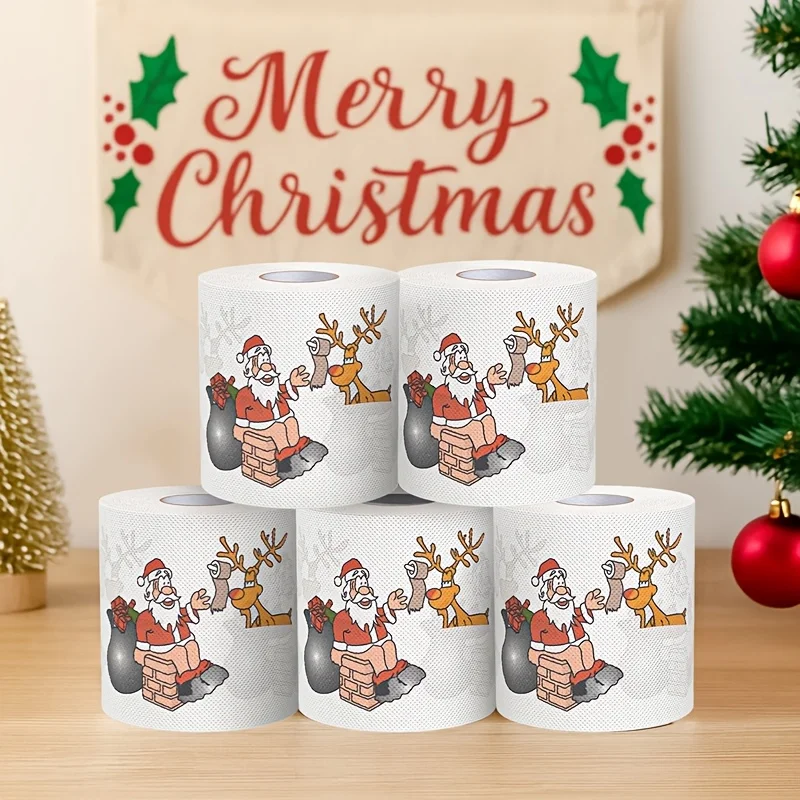 5 Rolls Christmas Printed Toilet Paper, Santa Chimney Reindeer Soft Disposable Tissue Napkin for Xmas Dinner Holiday Party Bathr