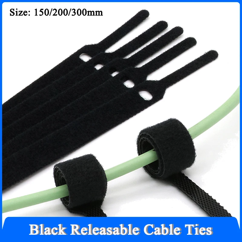 Black Releasable Cable Ties Wire Organizer 150 200 300mm Nylon Hook Loop Straps Wrap Zip Bundle Bandage Tie Plastics Fastening