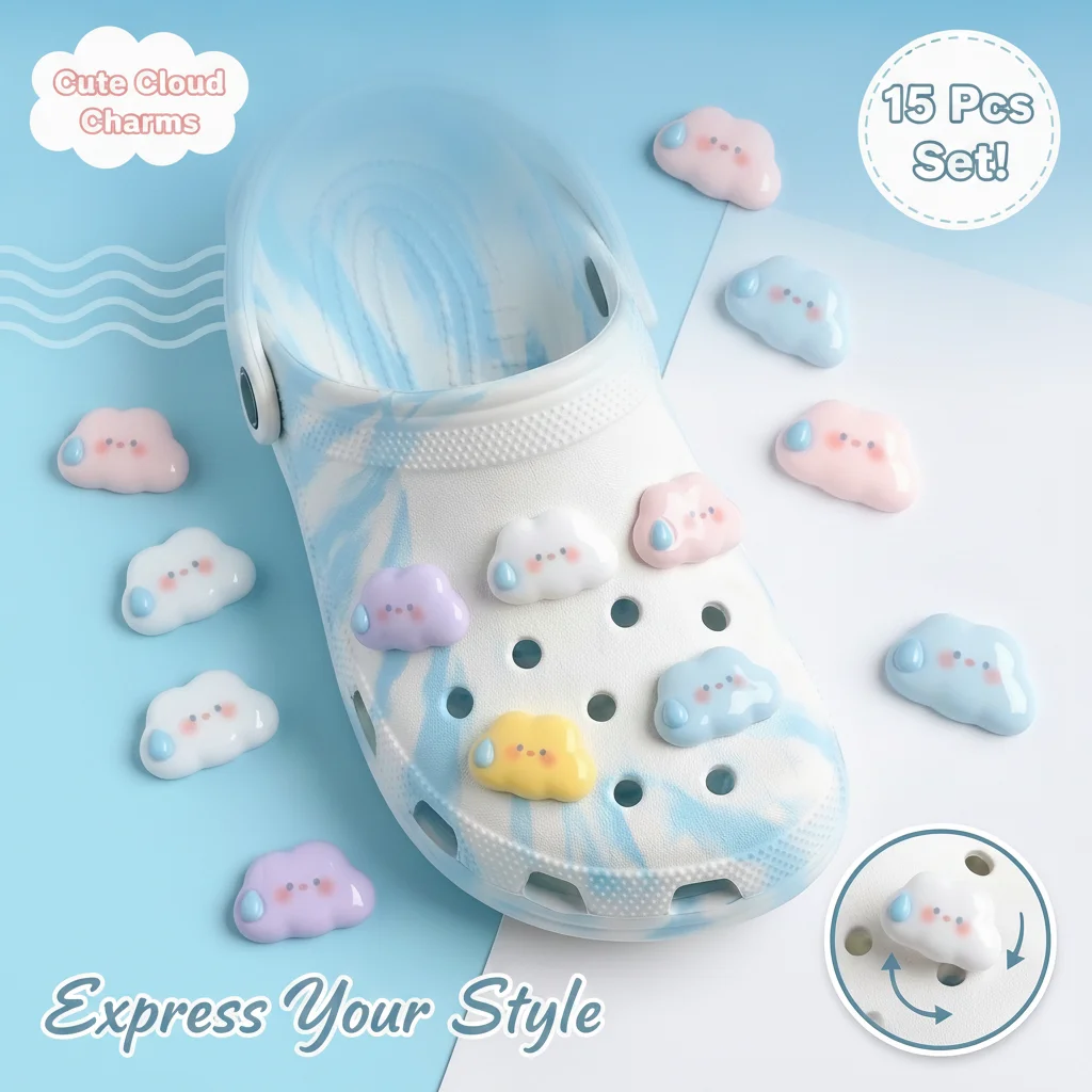15-Pack Sweating Cloud Glossy Resin Shoe Charms - Cute Weather Clog Decor for Sandals & Beach Bags