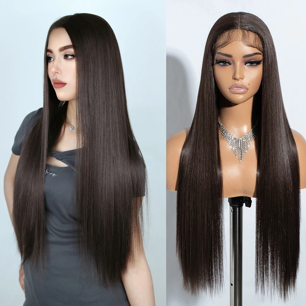 

Парик женский Синтетический на сетке 30 дюймов, жаропрочный прямой длинный, с темно-коричневым оттенком, с черными волосами, для косплея