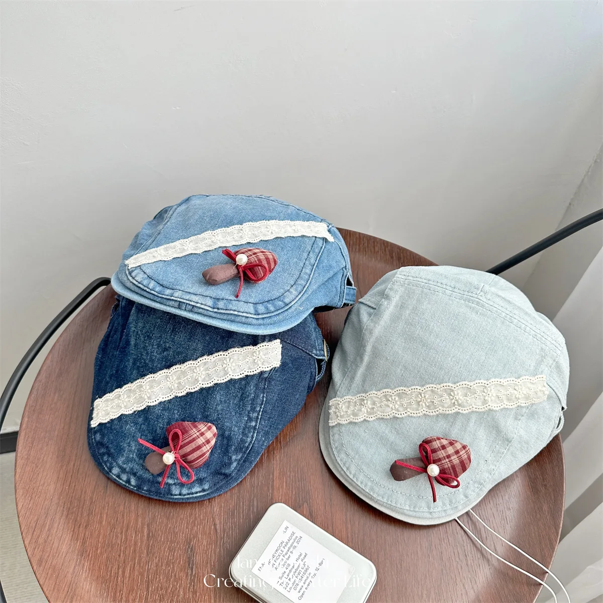 

Korean Style Washed Denim Cadet Cap for Women Lace Gingham Mushroom Decor Vintage Spring Autumn Cute Small Brim Casual Hat