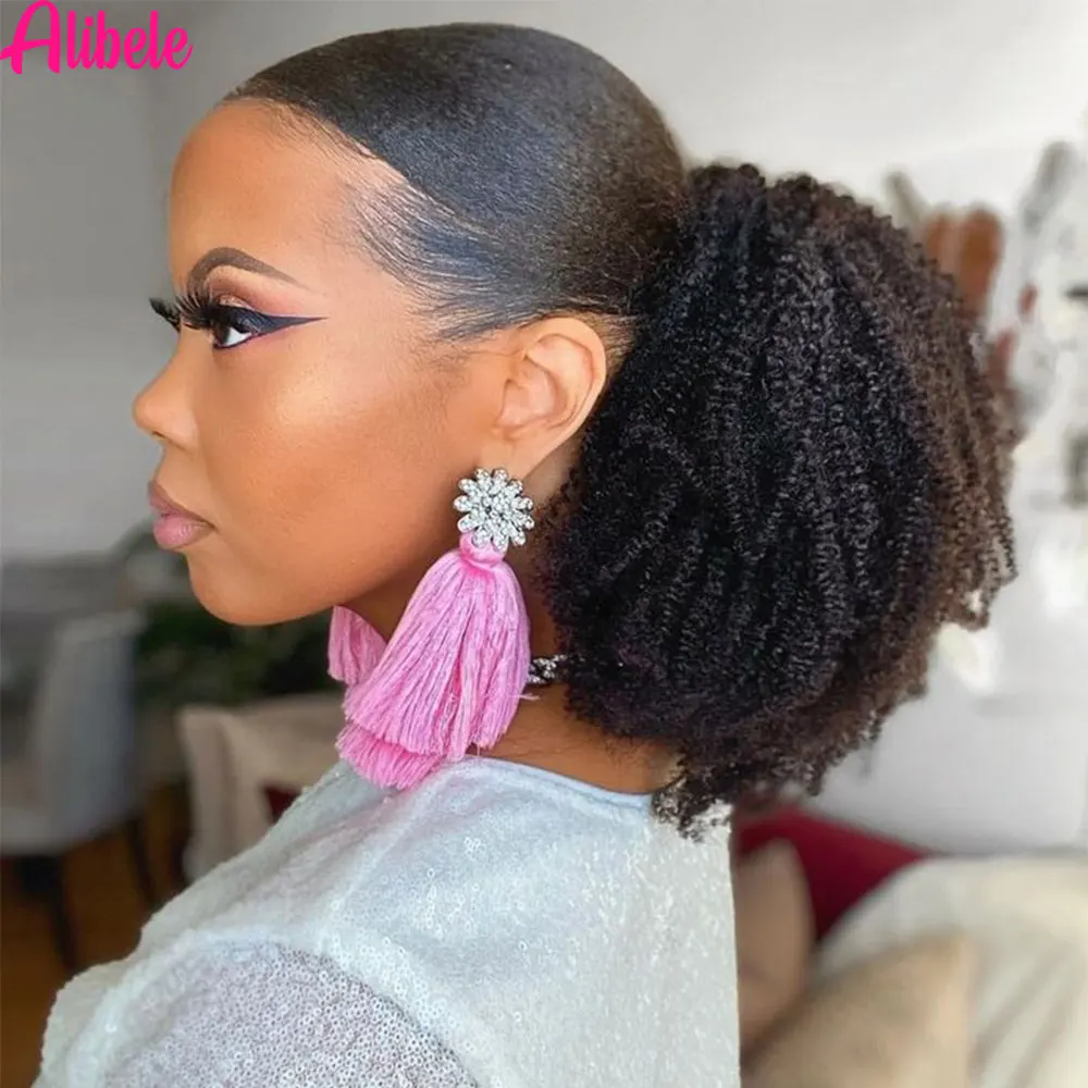 

10-24 дюйма афро странные вьющиеся хвостики человеческие волосы Alibele волосы 3c4a странные вьющиеся волосы на шнурке хвостики наращивание волос для женщин