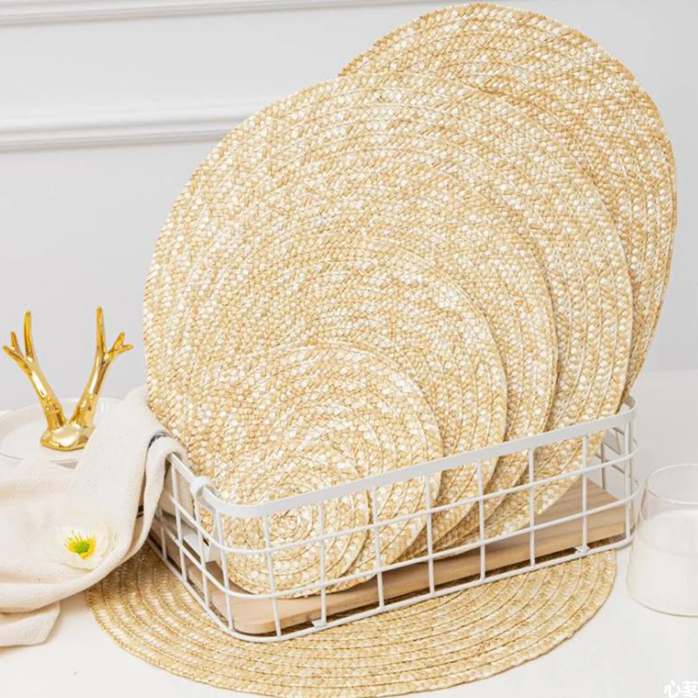

Straw Woven Placemats Round Shape Heat Resistant Place Mat Yellow Wear Resistant Cutlery Mat Table Coaster Household Dining