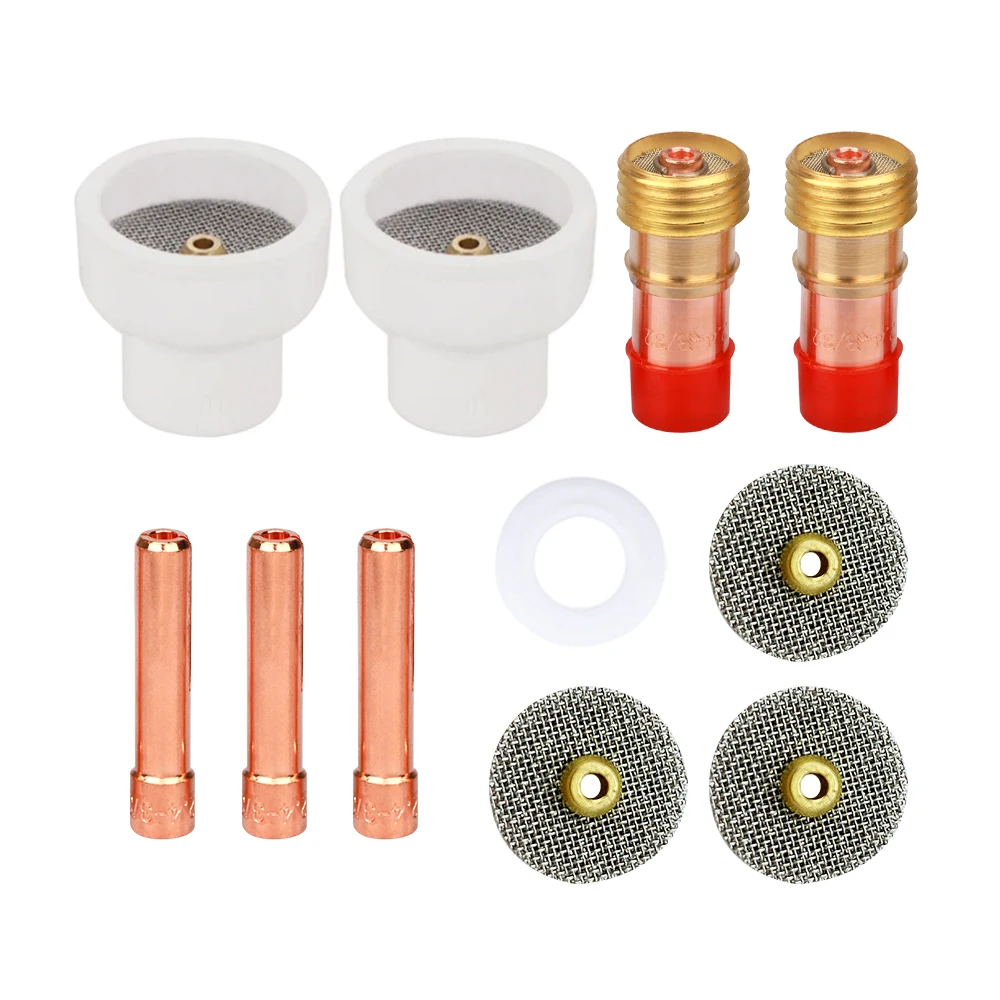 11pcs TIG Welding #16 White Ceramic Nozzle Alumina Cup Kit Torches WP17 18 26 Stubby Collets Body 17GL332 10N24S Gas Lens Sets