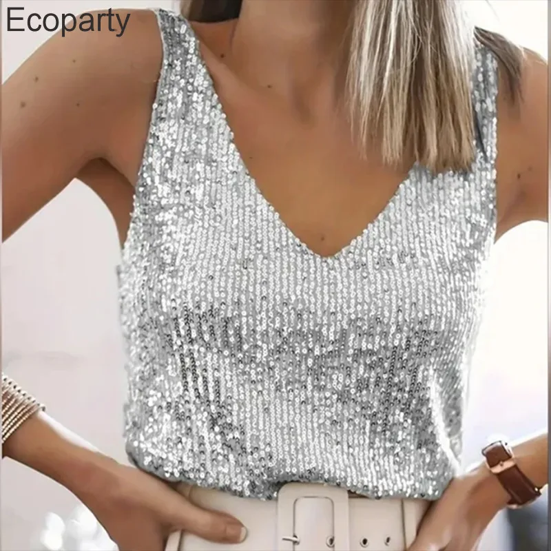 Women's Sexy Deep V-Neck Tank Tops, Elegant Sleeveless Pullover, Monochromatic, Shiny Sequin, Loose Blouses, Fashion, Summer