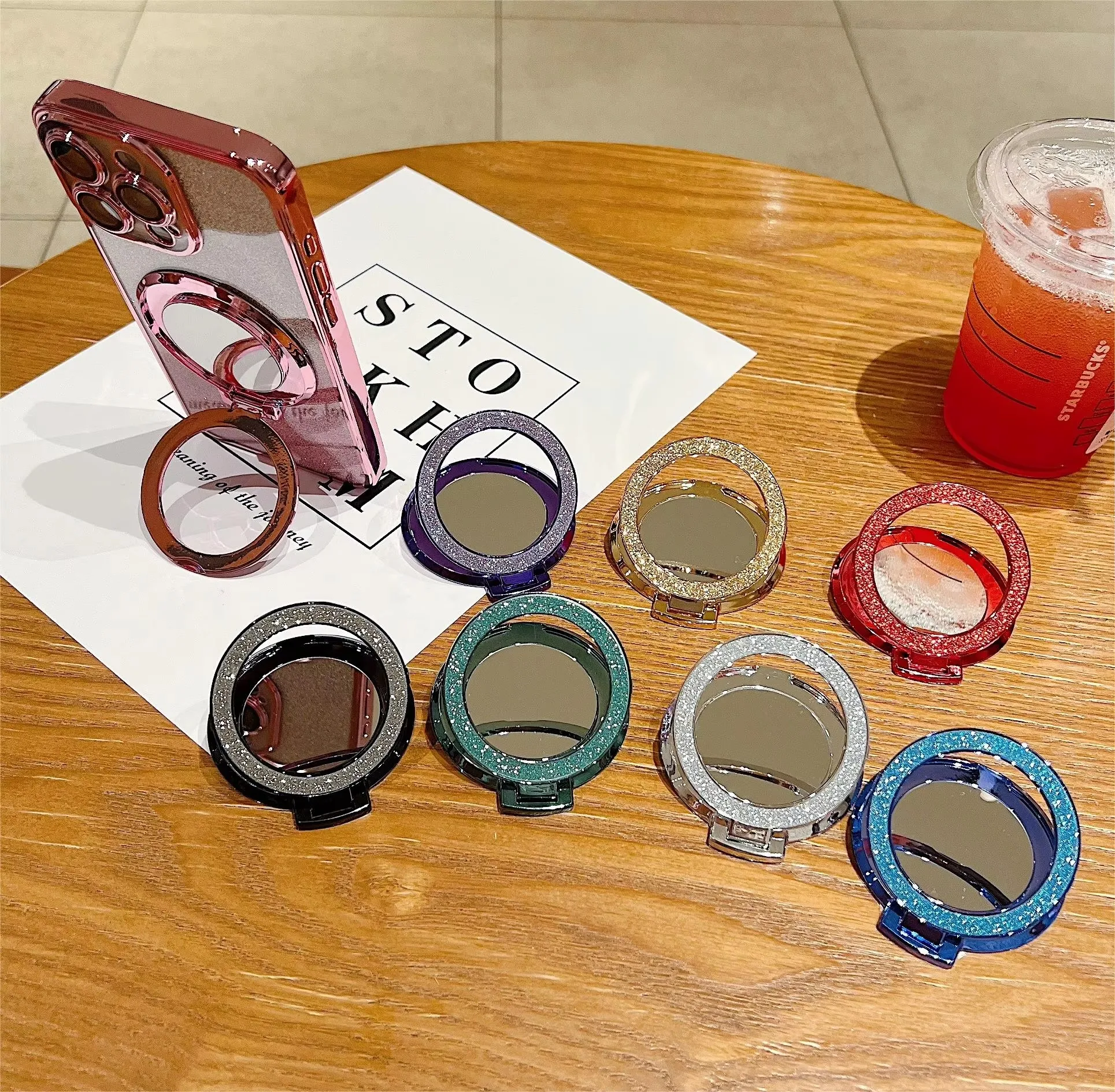 New Ring Grip Phone Holder Rotating Round Mirror Glitter Bling Holder for iPhone Redmi Samsung Mobile Phone Holder