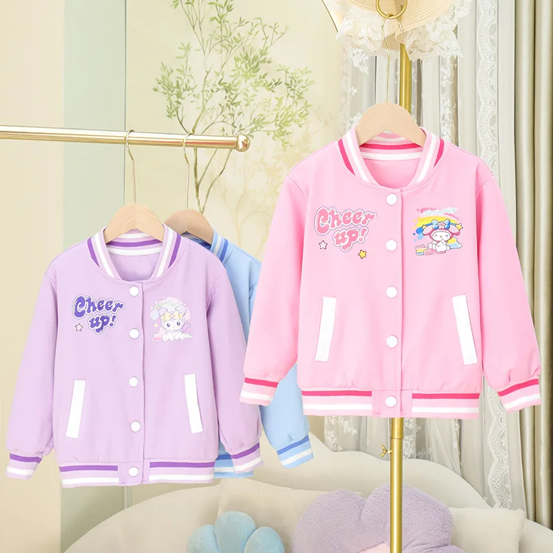 

2024 Kuromi My Melody Anime Girls Baseball Coat Kawaii Sanrio Cinnamoroll Autumn Sweet Cute Cartoon Baby Jacket Top Gift for Kid