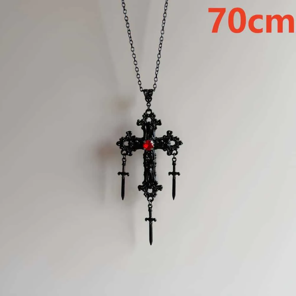 Retro Gothic Black Filigree Red Rhinestone Ornate Sword Cross Necklace for Women  Dark Punk Cosplay Party Hallowmas Neck Jewelry