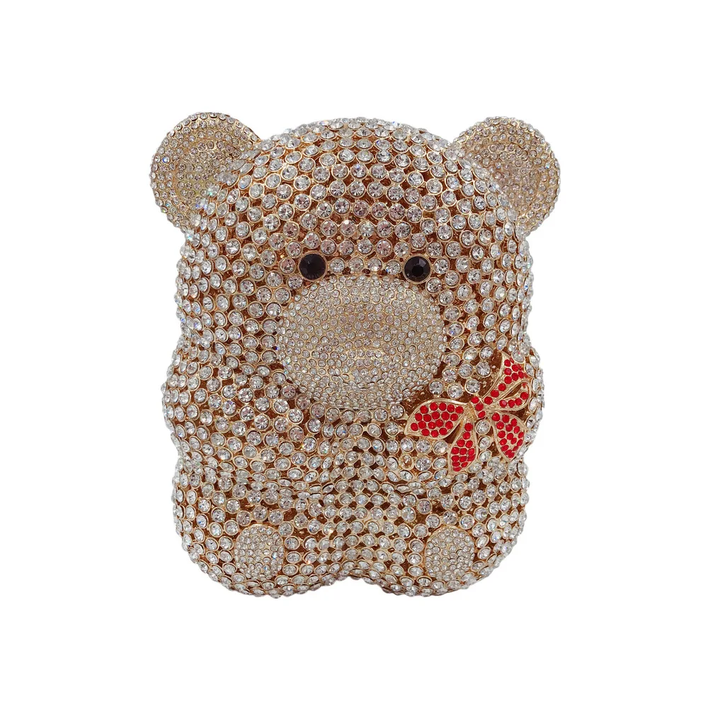 Cartoon Teddy Bear Diamond Bag Hollow Metal Crystal Dinner Handmade Diamond Bag Banquet Handheld Ladies Bolsos De Diseñador Lujo