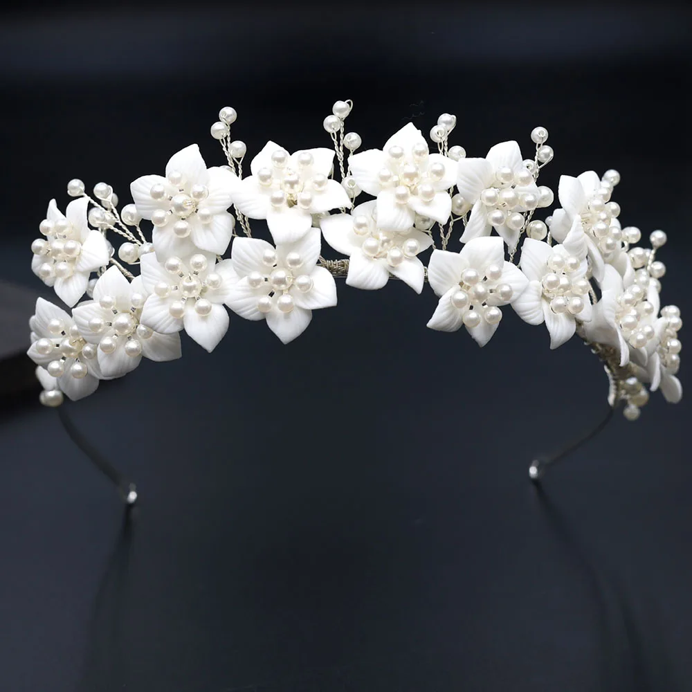 SLBRIDAL Handgemachte Kristall Strass Perlen Keramik Blume Braut Tiara Hochzeit Brautjungfern Party Krone Frauen Mädchen Haar Schmuck – Detail 3