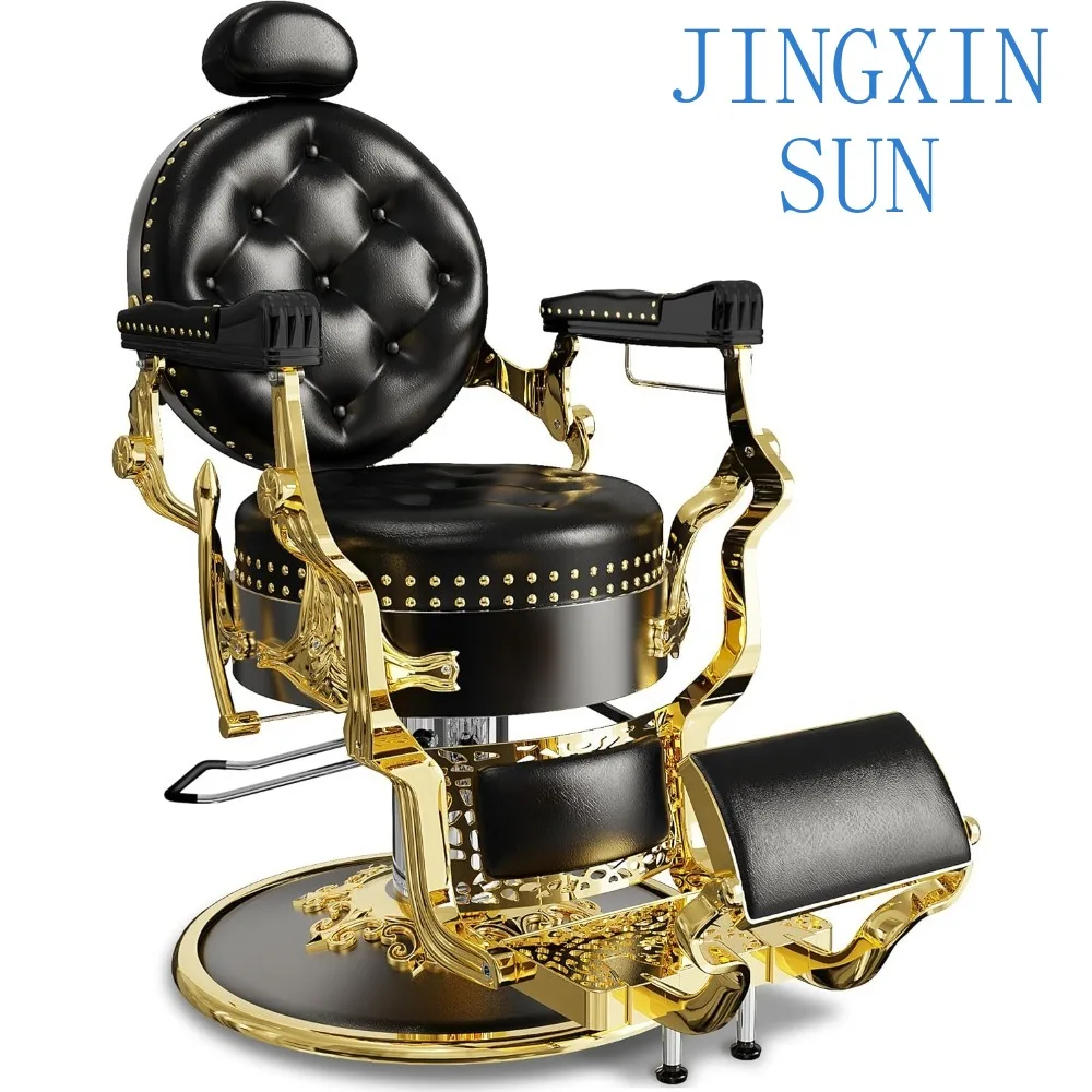 Black and Gold Retro Classic Barber Chair, Heavy-Duty Reclining Barber Chair, Vintage Salon Chair with Exquisite Rivet Design,