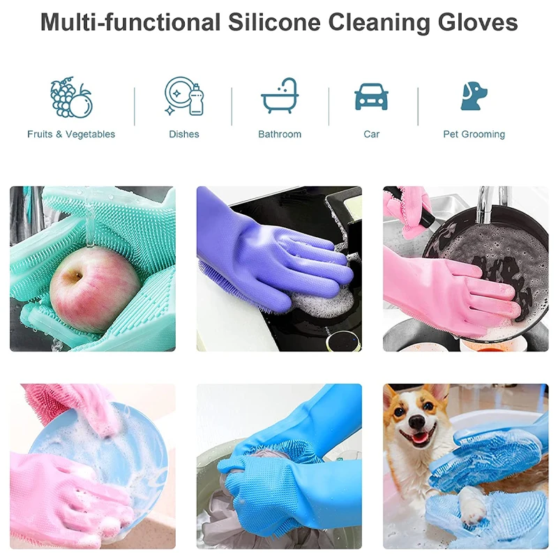 1 Pair Silicone Dishwashing Gloves Rubber Scrubbing Gloves Sponge Cleaning Brush for Dishes Housework Kitchen Cars