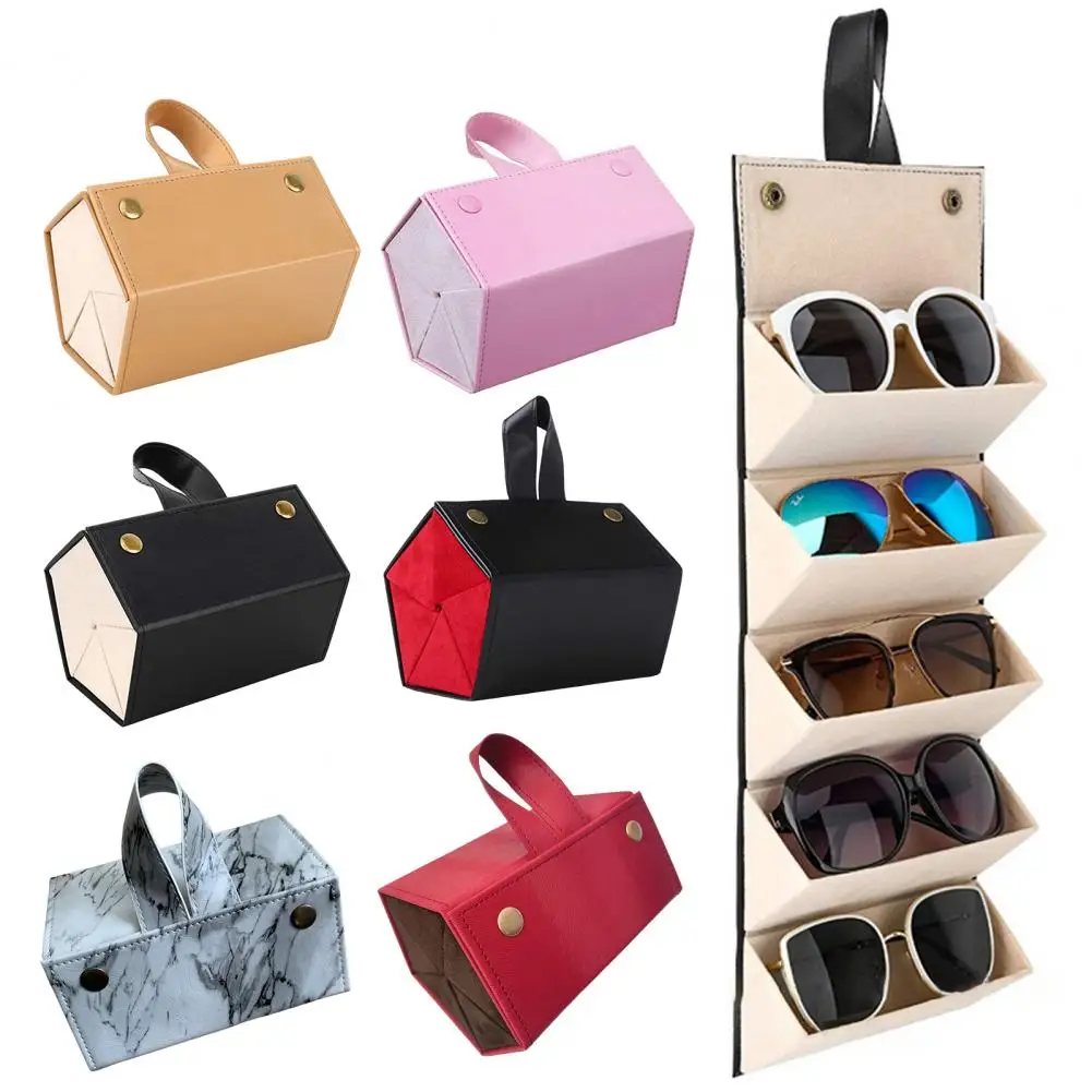 5 Slots Glasses Case Faux Leather Folding Foldable Eyeglasses Packaging Box Wall Hanging Bag Sunglasses Eyeglass Container Box