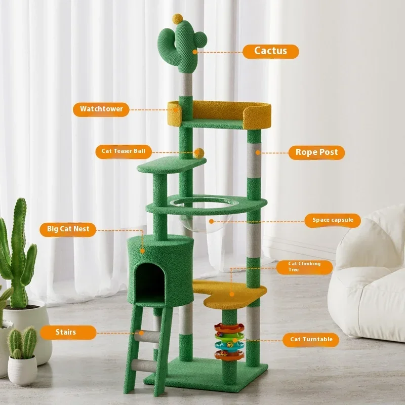 Large cactus style cat castle, multi-layer cat climbing frame, cat nest, cat tree, cat villa, cat toys, cat jumping platform