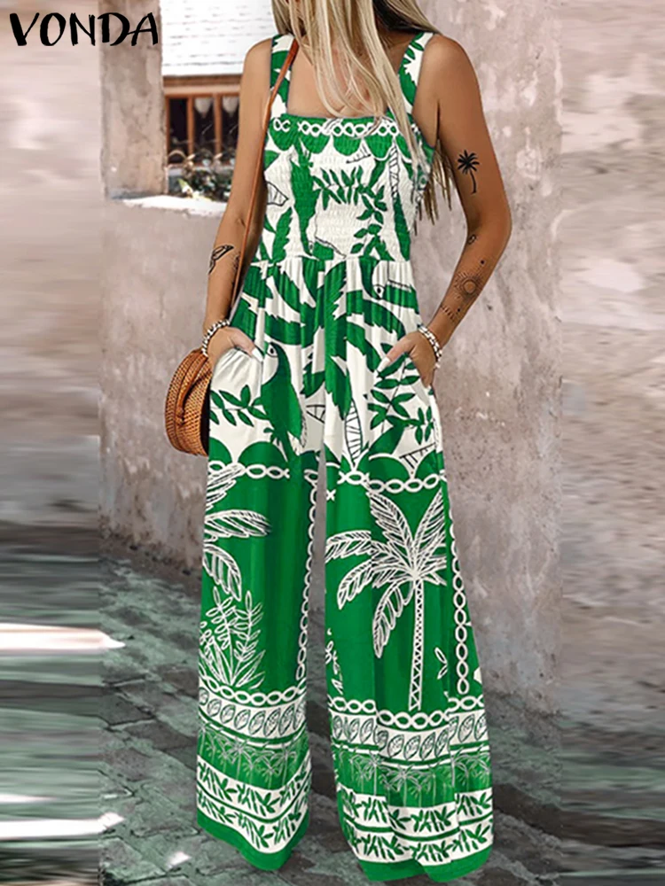 VONDA Bohemian Jumpsuits Women Summer Long Overalls Straps Floral Print Rompers 2025 Sleeveless Pockets Beach Loose Playsuits