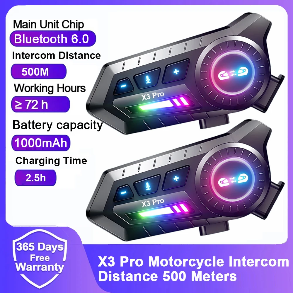 

X3Pro Bluetooth 6.0 Motorcycle Helmet Intercom 500M Wireless Intercomunicador 1000Mah Moto Walkie Talkie With FM Radio 1x2pcs