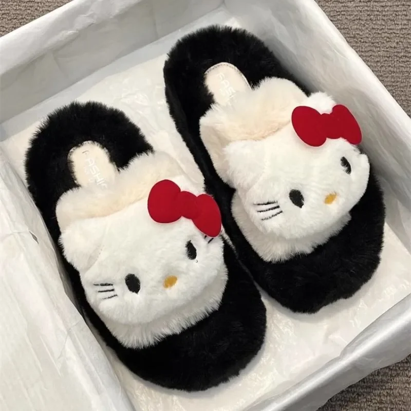 Sanrio Hello Kitty Cute Cartoon Hairy Slippers Women's Autumn Comfortable Warm One Word Slippers Fashion Trend Outdoor Slippers