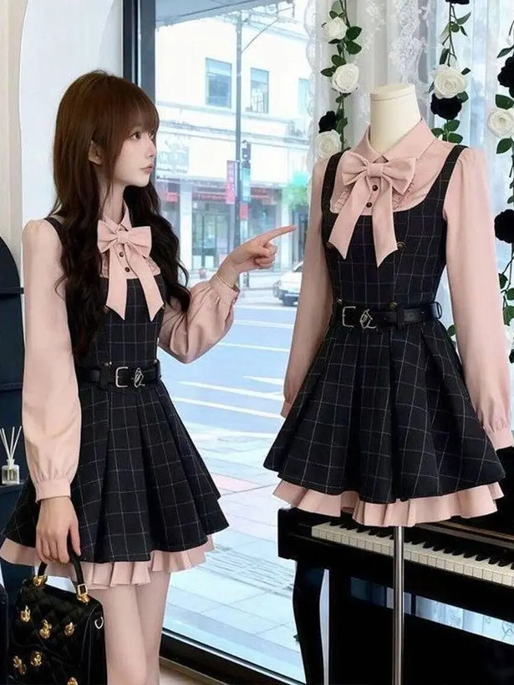 

Bovelan Mist Blue Autumn New Sle Girl Feel Knot irt Plaid Waist in And Pleated Dr Women's Faion Dr