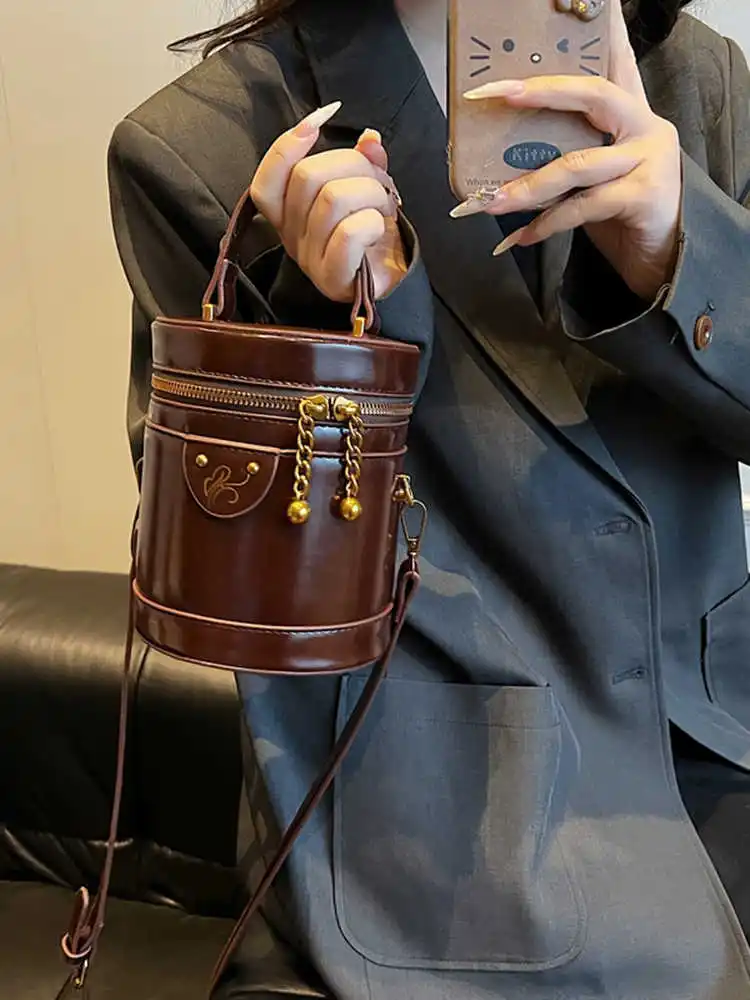 

French Retro PU Round Bucket Bag Women Print Double Zipper Box Handbag Female Casual Fashion Hard Crossbody Bags
