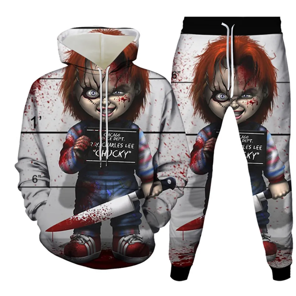 Horror Chucky nadruk Anime dres męski ubrania Plus rozmiar S-6XL kobiet Halloween Punk bluzy + spodnie 2 szt. Sportwea