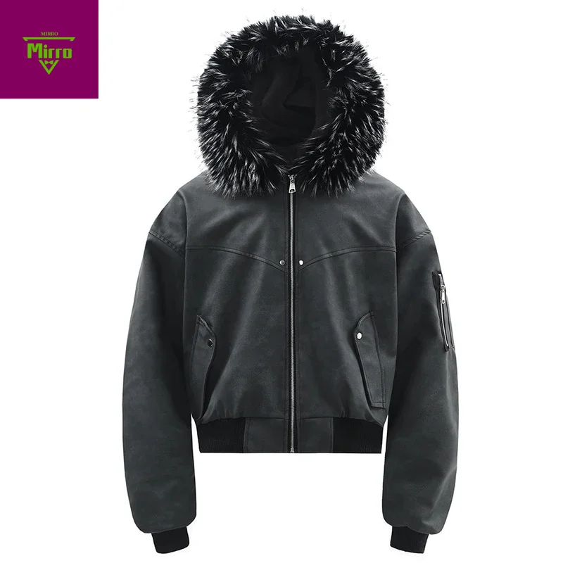 남성 겨울 자켓 퍼 칼라 PU 가죽 파카 코트 빈티지 플러시 따뜻한 자켓 아우터웨어