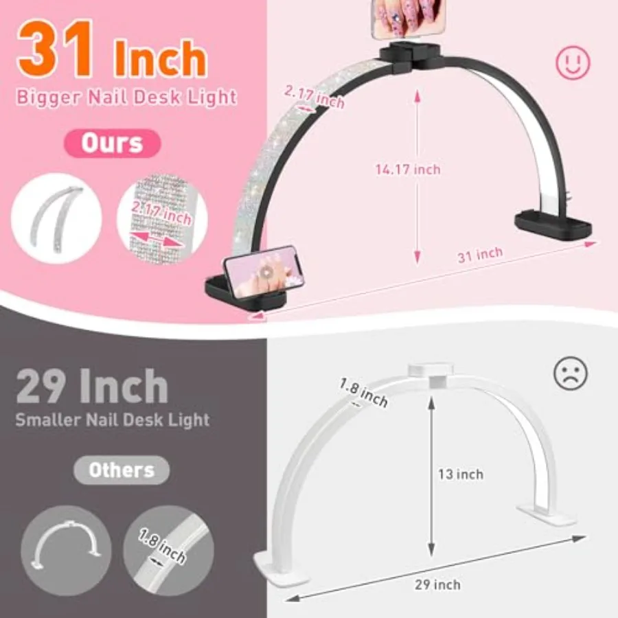 31in Large Half Moon Light for Nail Desk, Foldable, Phone Stand, LED Adjustable Brightness and Color, 48W, Arch Nail Tech Table