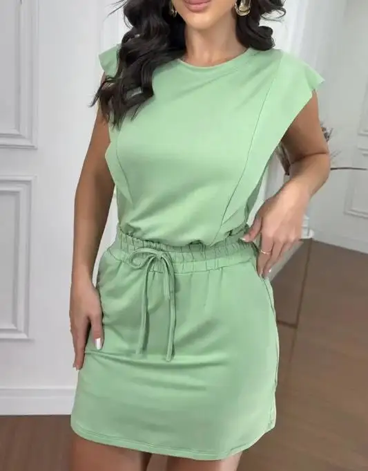 여성용 짧은 치마 세트 2026 여름 캐주얼 미니멀리스트 플라잉 슬리브 탑 레이스업 슬림핏 팬츠 치마 세트 일상용 적합