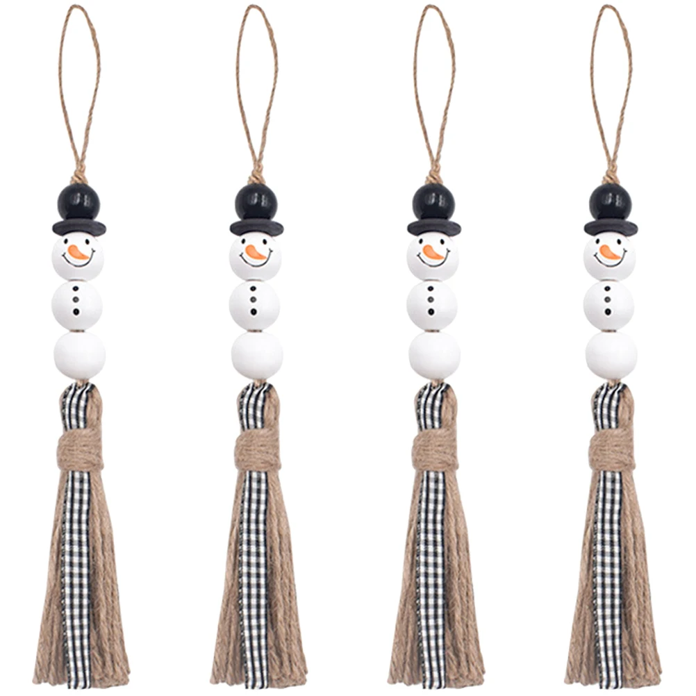 

4 Pcs Wood Bead Snowman Decor Tassel Hanging naments Christmas Party Home Decor Wooden Beads Pendant Festive Holiday Gift