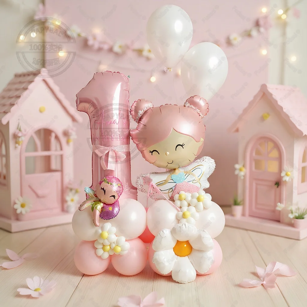 40 قطعة زهرة الكرتون الجنية 32 بوصة الوردي الألومنيوم نموذج بالون رقمي العمود حفلة عيد ميلاد الديكور لوازم الزفاف #2