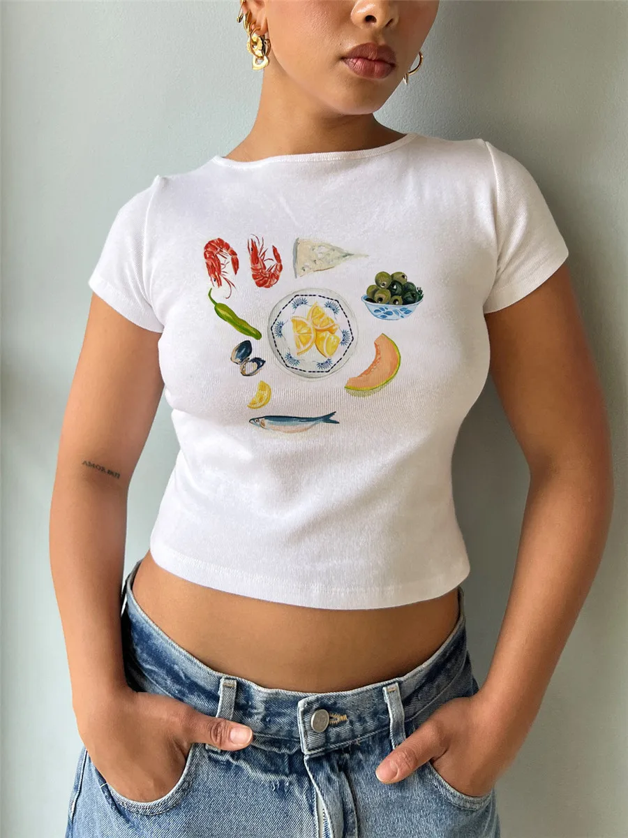 Camisetas recortadas con estampado de frutas para mujer, Camiseta básica de manga corta ajustada con cuello redondo para bebé, Tops cortos para mujer, ropa de calle Y2K para Club