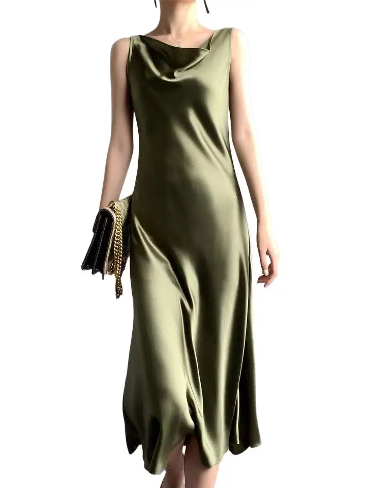 New Women Acetate satin Dress long maxi Sundress elegant swinging collar artificial silk Party Dresss Robe Avocado Green White