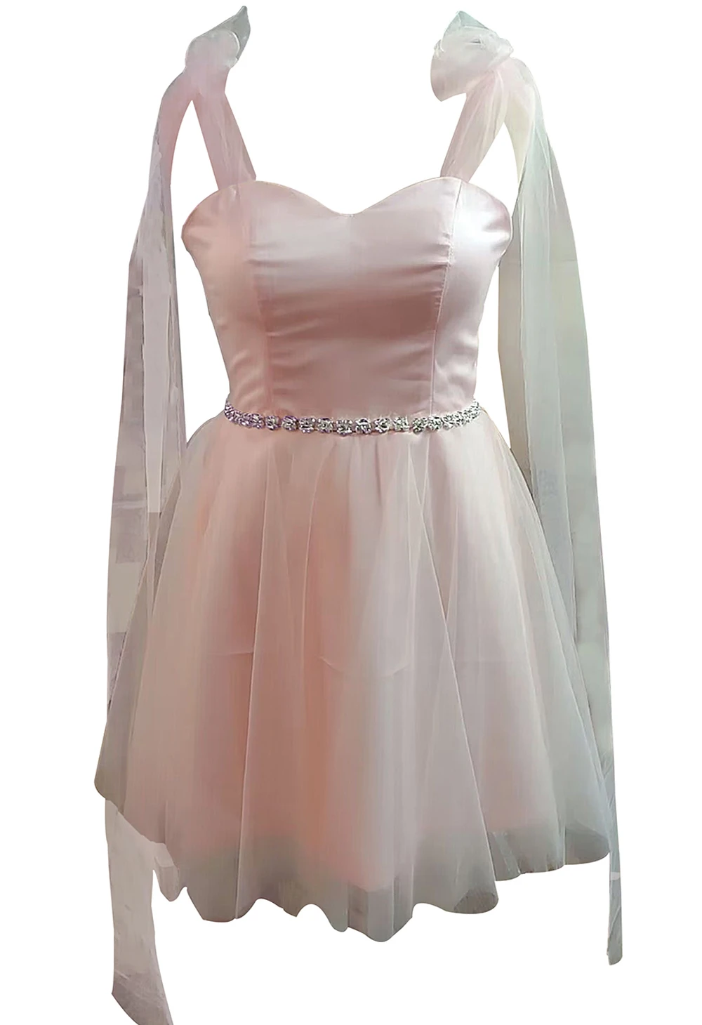 

Elegant Tulle Homecoming Dresses Satin Beaded Short Dress Spaghetti Strap Backless with Bow Prom Dress for Women
