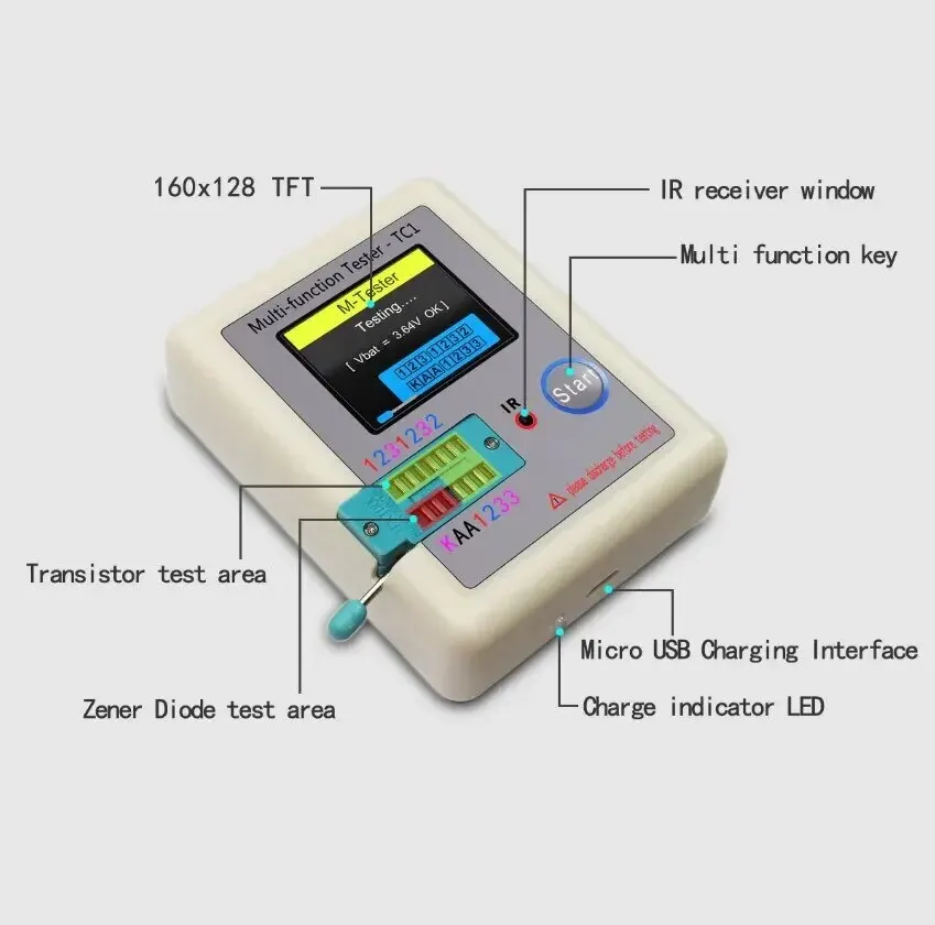 LCR TC1 TFT LCD 디스플레이 멀티미터 트랜지스터 테스터, 다이오드 트라이오드 캐패시터 저항 테스트 계량기, 1.8 인치