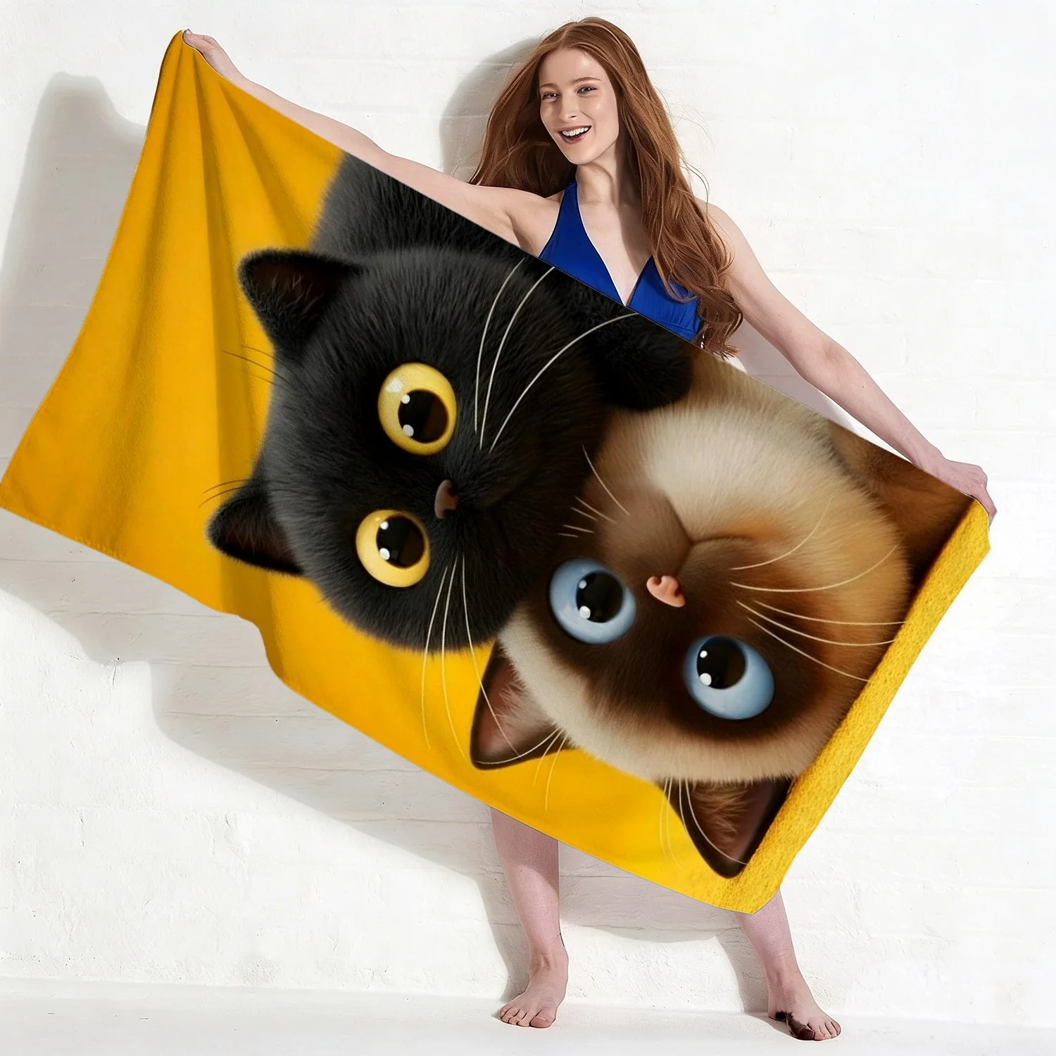Cute Cats Beach Towel, Siamese & Black Cat Peeking Print Oversized Bath Towel, Soft Quick Dry Cat Lover Summer Beach Blanket